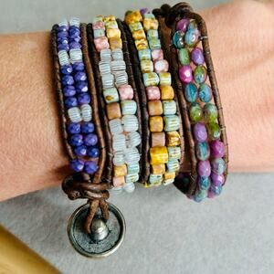 Beaded Brown Leather Cord Purple Yellow Multicolor Wrap Bracelet
